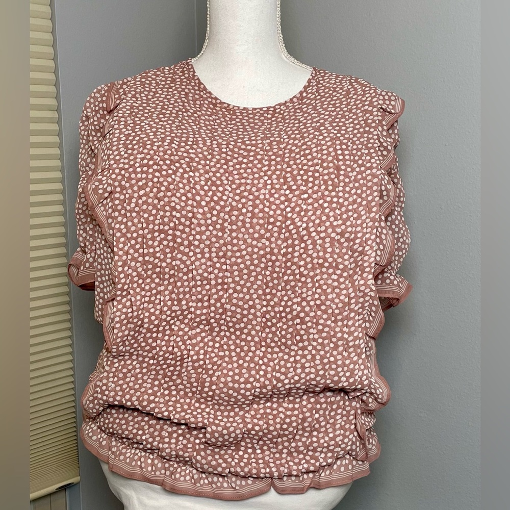 Max Studio Sheer Pink and White Polka Dot Pleated Short Sleeved Blouse Size L